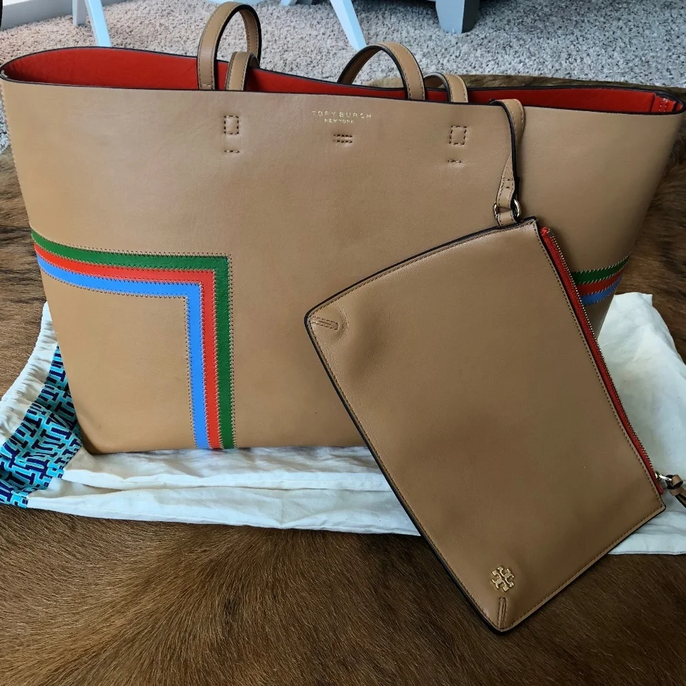 Tory Burch Block-T Striped Leather Tote Bag Crema - Picture 3 of 8